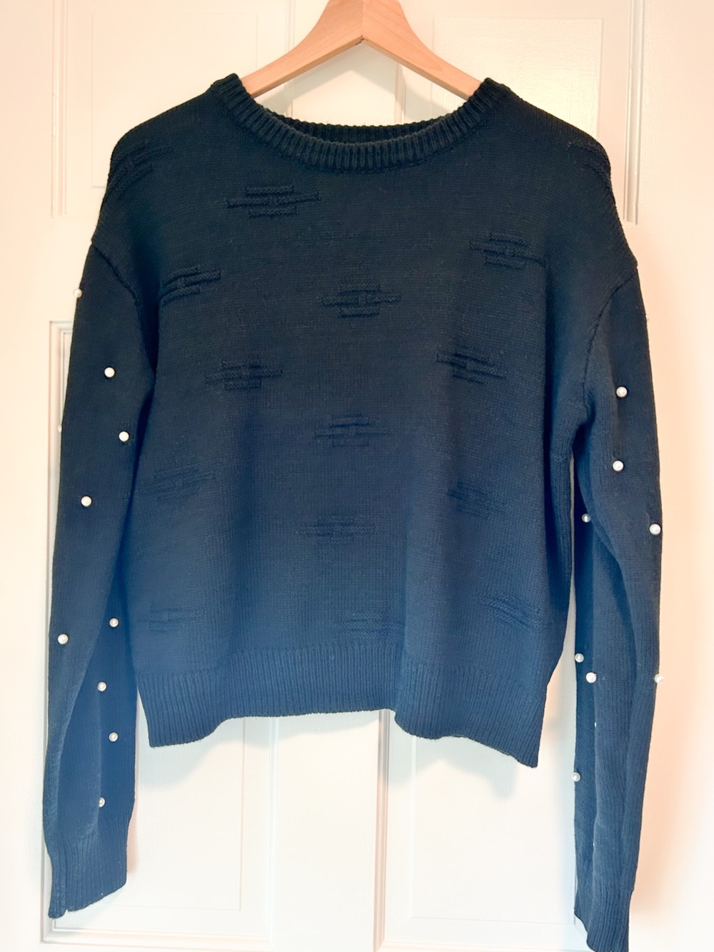 SHEIN Black Raised Dash Knit Pearl Bead Embellished Sleeve Sweater - Size Large